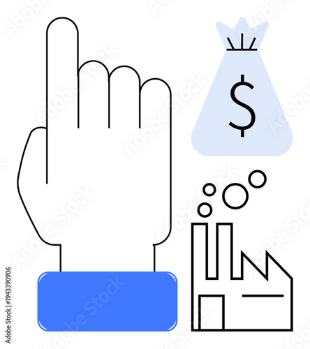 Hand pointing upward near dollar bag and factory icons symbolizing business success, financial decisions, manufacturing, and economic strategies. Ideal for finance, industry, startup, investment