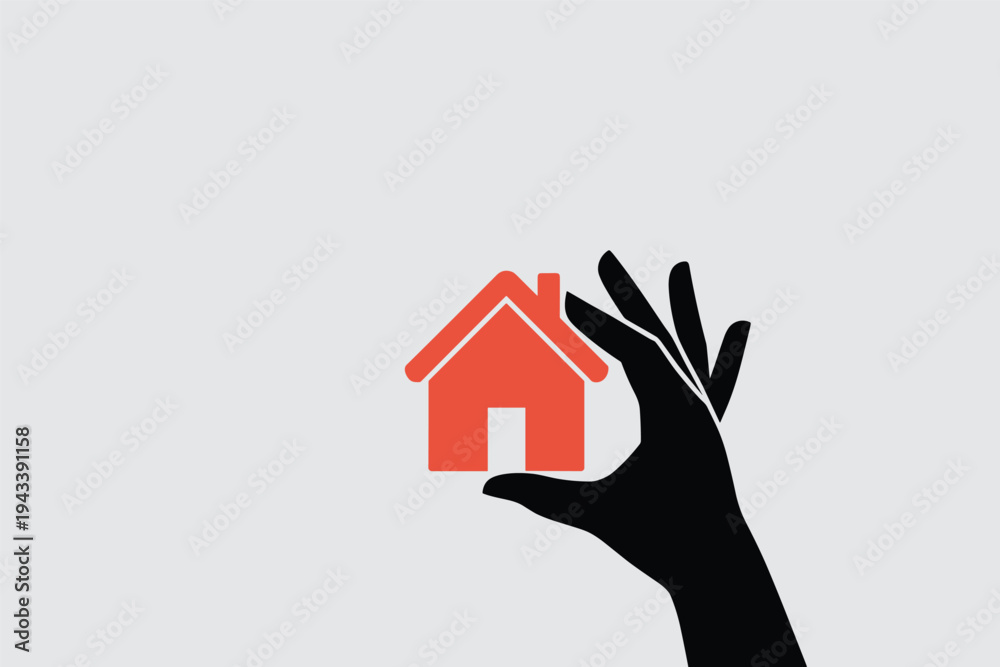 Naklejka premium Dark hand silhouette holding small red house icon symbolizing real estate ownership.