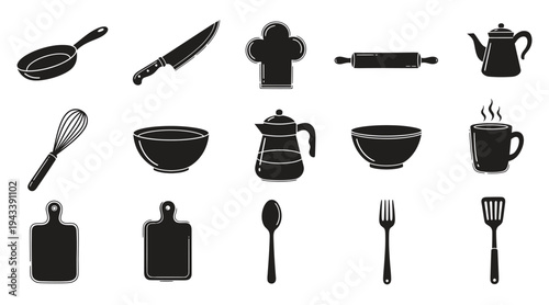 Kitchen utensils and dishes icon set