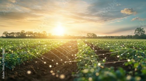 Smart Agriculture Technology Implementing Network Connections Across a Rural Field at Sunrise