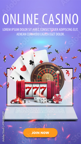 Vertical purple web banner for online casino with laptop, slot machine, roulette, playing cards and poker chips. The banner is purple and has a lot of chips in swirl