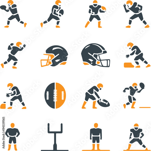 American Football Vector Icon Set - Players, Helmets, and Equipment Silhouettes