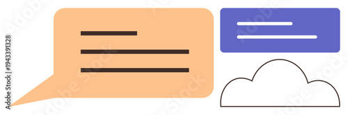 Communication, cloud storage, online messaging, data exchange, digital conversation, internet services. Speech bubbles and a cloud symbol. Communication and cloud storage concept