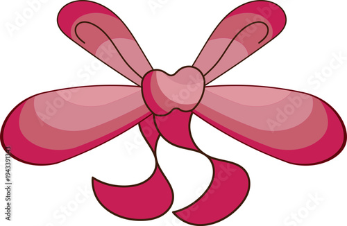 A pink bow with a heart in the middle isolated on white background, illustration