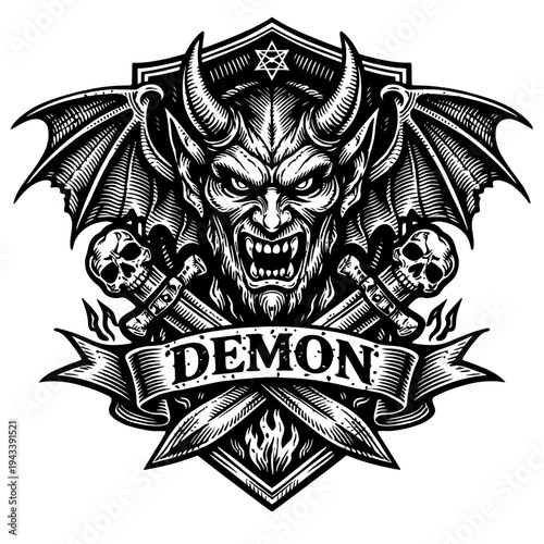Detailed black & white engraving of a fierce horned demon with monstrous bat wings, bared fangs, & piercing eyes. Flanked by skulls & crossed weapons, a hexagram shield & a prominent 'DEMON' banner. I