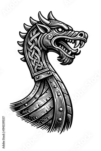 Intricate Viking Dragon Head Prow with Ornate Celtic Knotwork Detailing, Masterfully Rendered in a Classic Engraving Style, Evoking Norse Mythology and Historical Longship Figureheads for Ancient Seaf