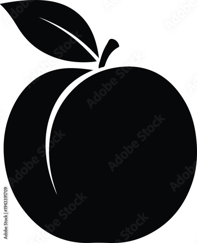 Silhouette peach fruit with fresh leaf and short stem vector illustration