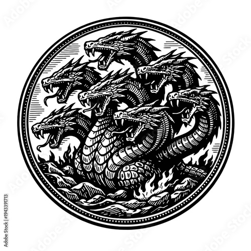 Majestic and Fierce Multi-Headed Hydra Dragon Emblem: A Striking Black and White Woodcut Engraving of the Legendary Mythological Serpent Beast with Roaring Heads Rising Amidst Flames, Perfect for Dark