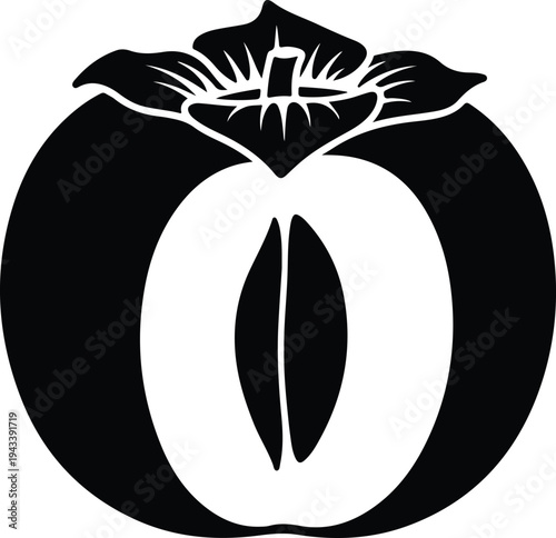 Silhouette persimmon fruit with sliced section showing internal seed vector illustration