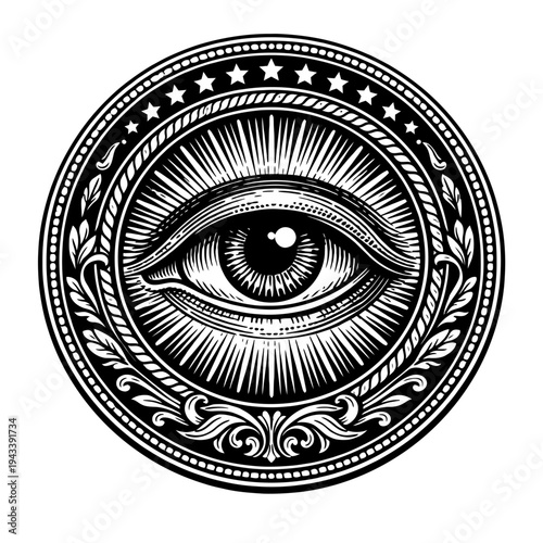 All-Seeing Eye of Providence emblem. Black and white vintage engraving of a radiant eye with stars and ornate patterns. Symbolizes divine omniscience, spiritual insight, and protection, a truly timele