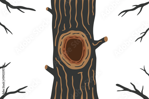 Dark tree trunk with hollow and bare branches on white background.