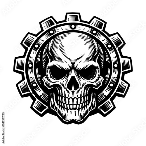 Intricate Engraved Skull within Industrial Cogwheel Design - A Powerful Black and White Vintage Illustration Symbolizing Mechanical Might, Rebel Spirit, and Gothic Aesthetics Perfect for Apparel, Logo