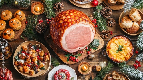 Festive Christmas Ham Dinner Table Setting with Cozy Ambiance and Warm Lighting
