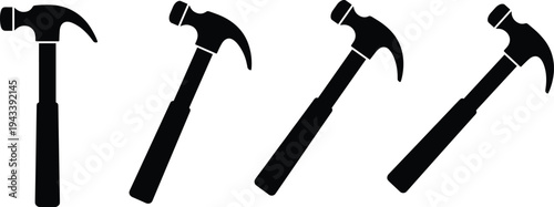 Claw hammer silhouette set featuring professional carpentry tools at different angles for construction home repair maintenance and manual labor projects in vector style