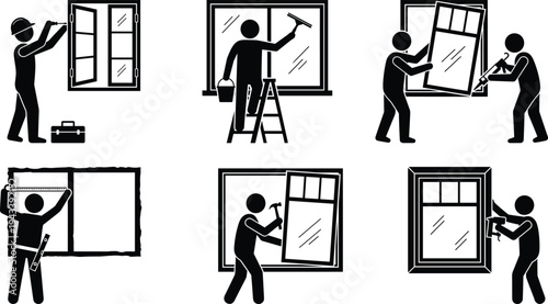 Window installation and repair icon set featuring workers measuring cleaning sealing and installing glass frames for home renovation maintenance and professional construction services