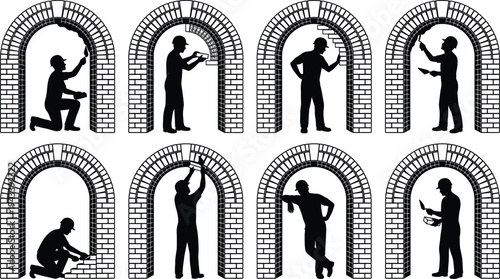 Masonry worker silhouettes set featuring bricklayers building stone arches using trowels and levels for traditional construction restoration and professional masonry trade craft services