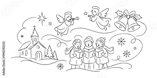 Children singing carols by a church, flying angels, bells, and snowflakes in line art style on white background, concept of Christmas joy