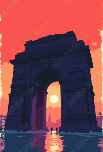 Gateway India, Mumbai, viewed from severe, heroic low angle basalt arches are rendered as heavy, blocky black silhouettes against solid red sky Constructivist poster style Blank space text