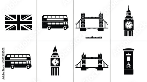 London landmarks icon set featuring Big Ben Tower Bridge double decker bus Union Jack flag and British post box silhouettes for United Kingdom tourism