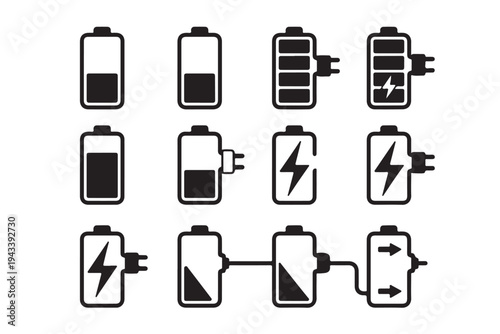Battery charge level and energy power status icons collection featuring diverse electrical charging indicators and power bank connection symbols for user interface and mobile application design