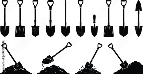 Shovel and spade silhouette icon set featuring various garden tools construction equipment and digging actions with soil heaps for landscaping and agricultural design