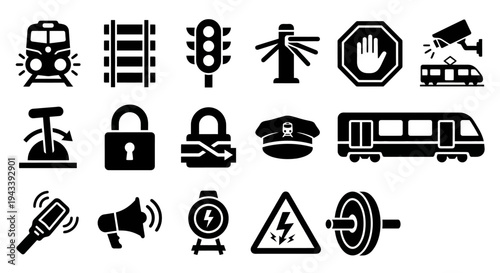Solid black icons for railway security and train station management. Locomotives, signals, and track monitoring equipment collection. Vector illustration for transport apps, railway history blogs, and