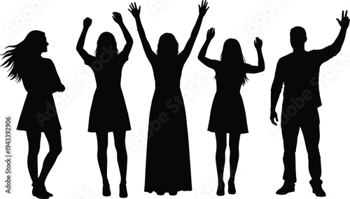 Celebration people silhouettes set featuring group of men and women raising arms for success joy party and victory isolated on white background vector