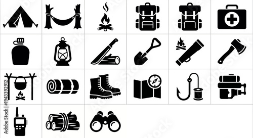 Solid black icons for guerrilla camps and field survival. Tents, hammocks, and tactical gear collection. Vector illustration for survival strategy games, historical resistance blogs, and tactical fiel