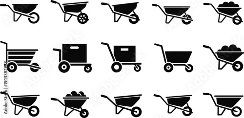 Wheelbarrow silhouette icon set featuring garden carts hand trolleys and industrial barrows for landscaping construction agriculture and moving soil sand or heavy equipment