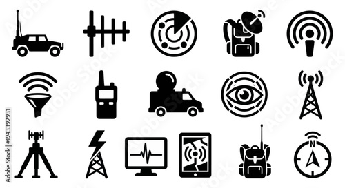 Solid black icons for mobile electronic warfare and signal monitoring. Tactical vehicles, directional antennas, and triangulation symbols collection. Vector illustration for military tech apps, spy ga