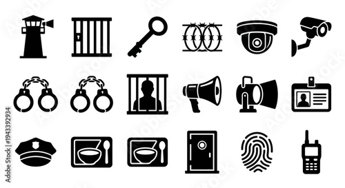 Solid black icons for prison security and detention management. Watchtowers, jail bars, and handcuffs collection. Vector illustration for prison tycoon games, security blogs, and tactical confinement 
