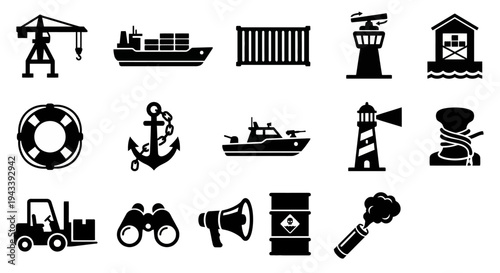 Solid black icons for port security and maritime logistics. Cranes, cargo ships, and coastal surveillance equipment collection. Vector illustration for logistics management apps, maritime history blog