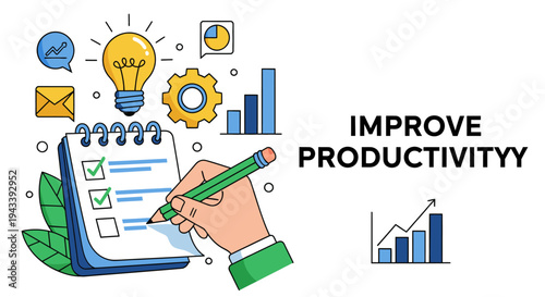 Improve Productivity Concept with Hand Writing Checklist and Creative Icons.