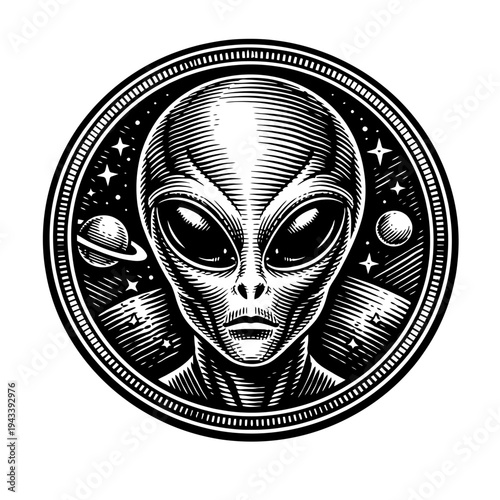 Captivating Vintage Woodcut Engraving: A Detailed Black & White Portrait of a Classic Grey Alien Head with Enigmatic Large Black Eyes, Set Against a Cosmic Backdrop of Twinkling Stars & Distant Planet