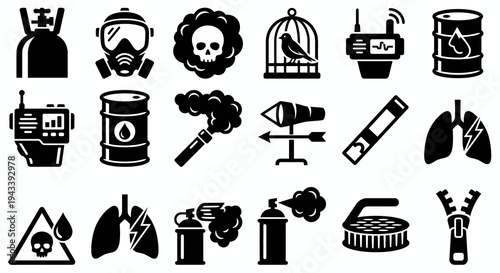 Solid black icons for chemical gas warfare and detection. Toxic cylinders, gas masks, and bird-cage detectors collection. Vector illustration for crisis management apps, survival games, and tactical s