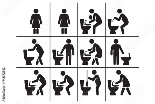 Public restroom hygiene and sanitation pictogram set demonstrating various toilet usage and cleaning behaviors including washing hands and using bidet for facility signage and instructions