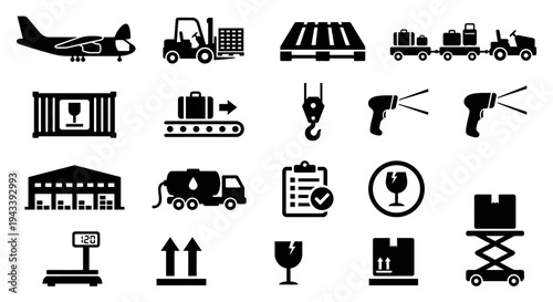 Solid black icons for airport logistics and air cargo handling. Forklifts, cargo planes, and warehouse equipment collection. Vector illustration for logistics management apps, supply chain blogs, and 