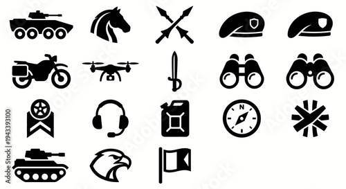 Solid black icons for modern cavalry and reconnaissance units. Scout vehicles, cavalry traditions, and tactical mobility equipment collection. Vector illustration for military branding, strategy games