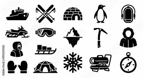 Solid black icons for arctic warfare and polar survival. Icebreakers, snowmobiles, and sub-zero equipment collection. Vector illustration for survival games, polar expedition branding, and tactical co