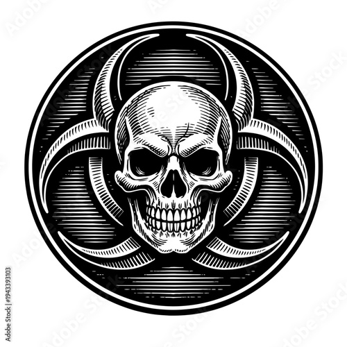 Vintage Engraved Skull Biohazard Symbol Emblem: A Striking Black and White Woodcut Illustration of a Human Skull Within a Classic Biohazard Sign, Perfect for Edgy Designs, Warning Graphics, and Macabr