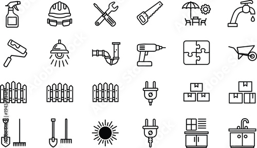 Home improvement line icon set featuring tools for gardening plumbing electricity and construction including saw drill fence shovel and faucet for house maintenance