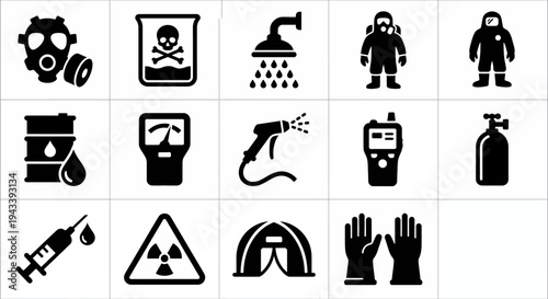 Solid black icons for chemical warfare and decontamination. Hazmat suits, gas masks, and toxic hazard symbols collection. Vector illustration for safety training apps, crisis management blogs, and tac