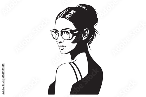 Stylish black and white portrait of a woman wearing glasses looking over shoulder with sophisticated hairstyle and subtle shadow details