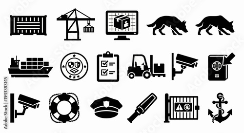 Solid black icons for port security and customs inspection. Shipping containers, cranes, and K9 units collection. Vector illustration for logistics apps, maritime trade blogs, and strategic customs br