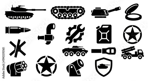 Solid black icons for armored warfare and tank operations. Heavy tanks, treads, and armor-piercing ammunition collection. Vector illustration for tactical games, military hardware blogs, and strategic