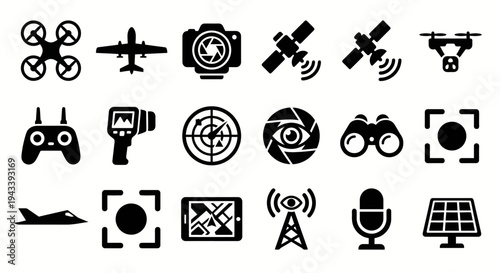 Solid black icons for aerial surveillance and drone reconnaissance. UAVs, spy planes, and camera sensors collection. Vector illustration for surveillance apps, tech blogs, and tactical intelligence br