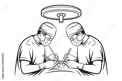 Two surgeons performing complex operation together under bright operating room lamp using surgical tools