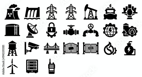 Solid black icons for critical infrastructure security and industrial defense. Power plants, dams, and transmission towers collection. Vector illustration for energy security apps, industrial monitori