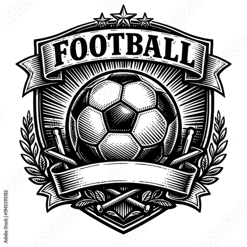 Vintage Engraved Football Soccer Sport Emblem Logo Crest Design - Classic Monochrome Athletic Club Badge with Laurel Wreath, Stars, and Ribbon Banner Artwork - Ideal for Team Branding, Apparel, and Ev
