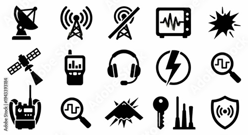 Solid black icons for electronic warfare and signals intelligence. Radar dishes, signal jammers, and radio wave towers collection. Vector illustration for tactical apps, military tech blogs, and strat